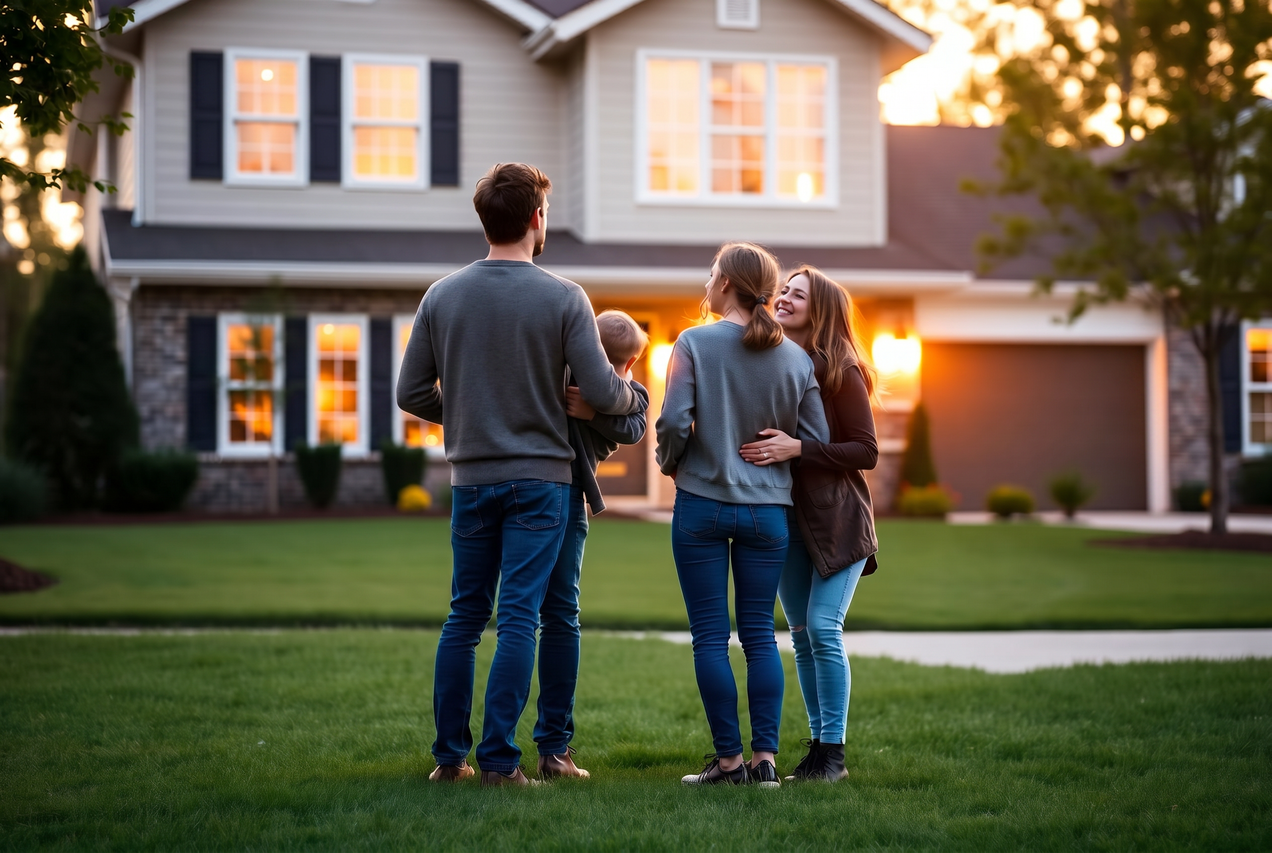 Military family in civilian clothes viewing a suburban home at golden hour